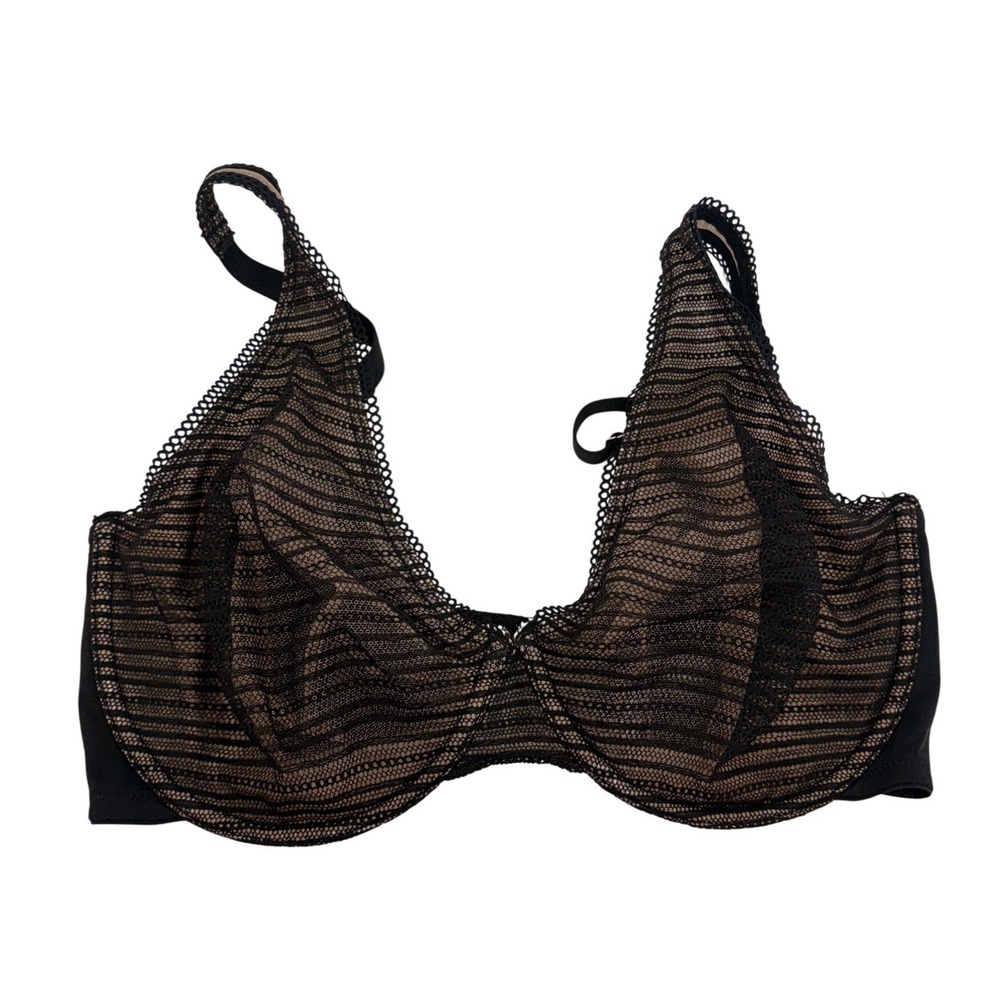Natori Black Tan Striped Lace Unlined Underwire Bra 34DD 721294